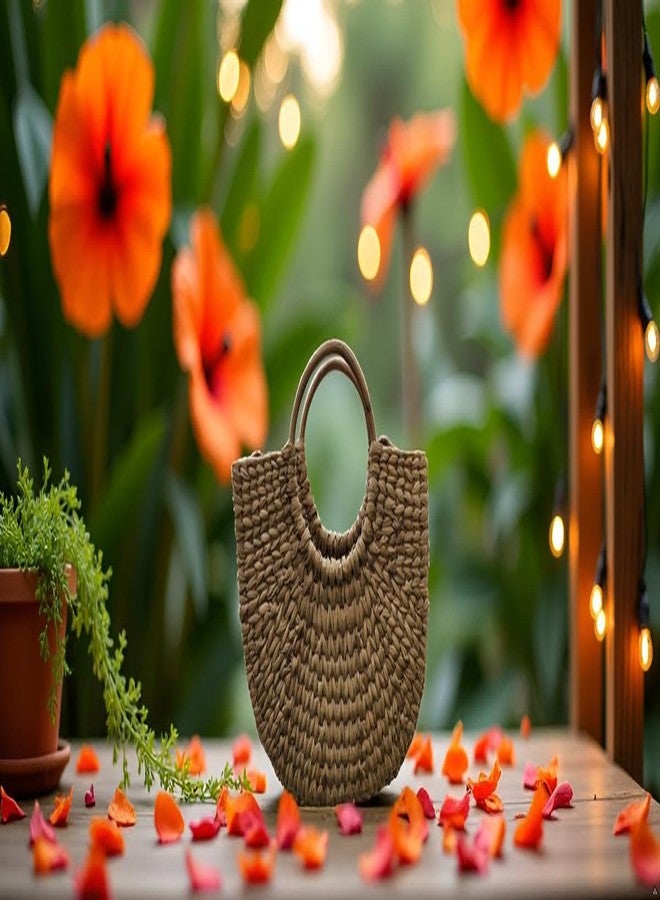 Garden Aura Kauna Grass Straw Beach Bag for Women- Woven Half-Moon Tote Handbag with Bamboo Handles- Boho Chic Basket Bag for Casual, Travel, Shopping & Beach Outings - Image 3